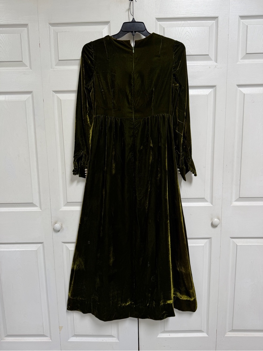 Olive Green Velvet Long Sleeve Maxi Dress with Cream Bow Vintage Size M - Picture 9 of 15